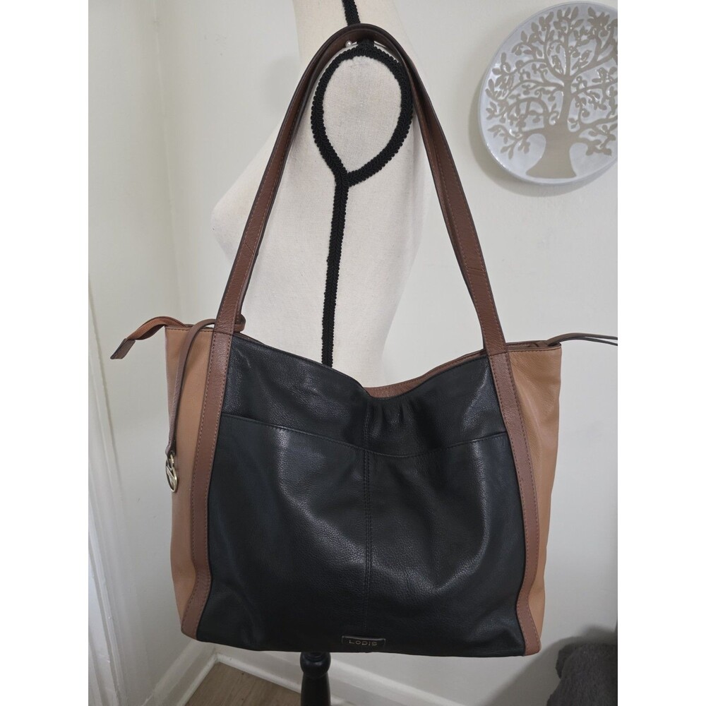 Rare Beautiful LODIS Kinsley Black Leather Camel Trim ShoulderBag Hobo Tote EuC